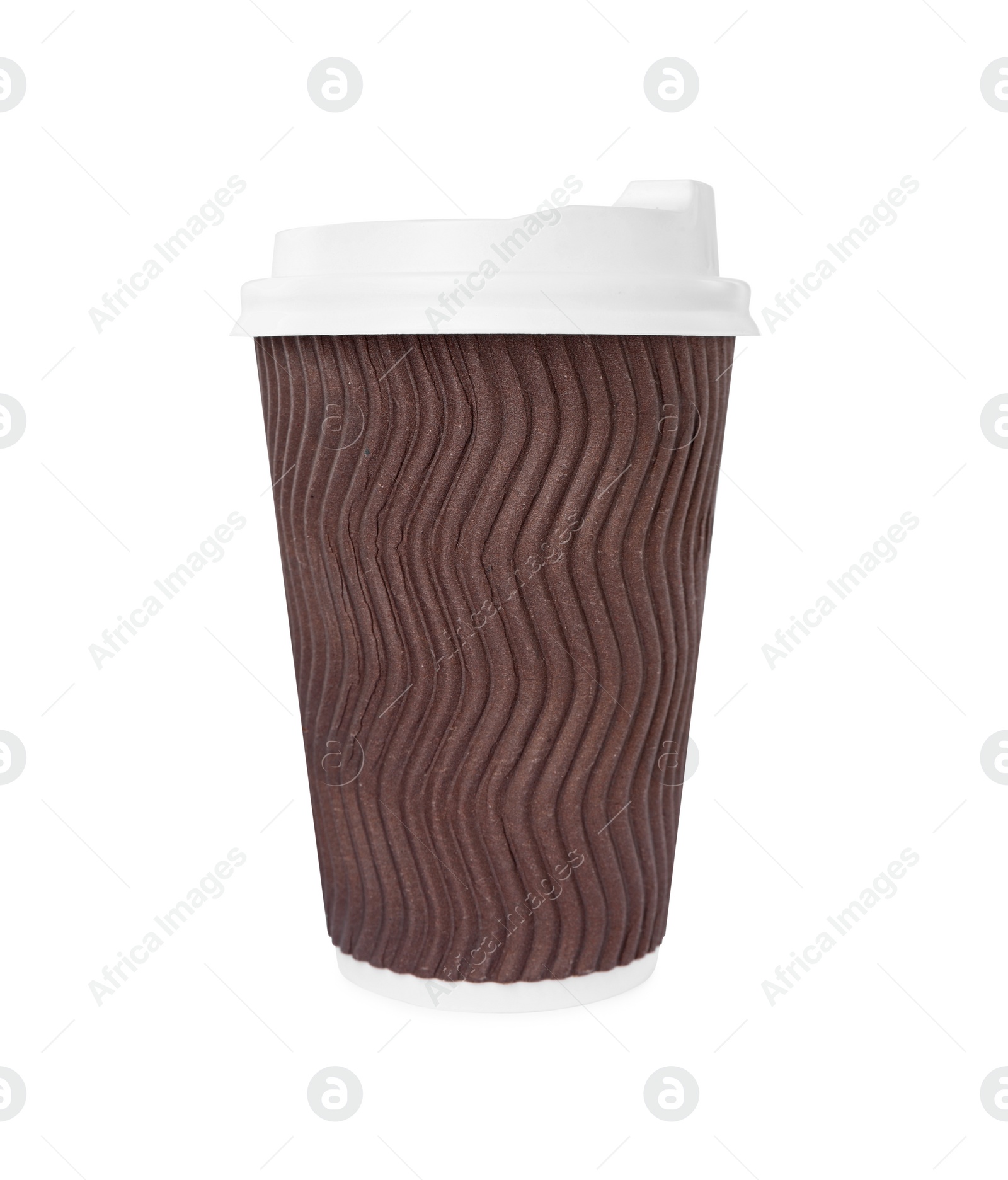 Photo of Brown paper cup with plastic lid isolated on white. Coffee to go