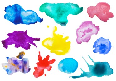 Image of Set with colorful blots of ink on white background, top view