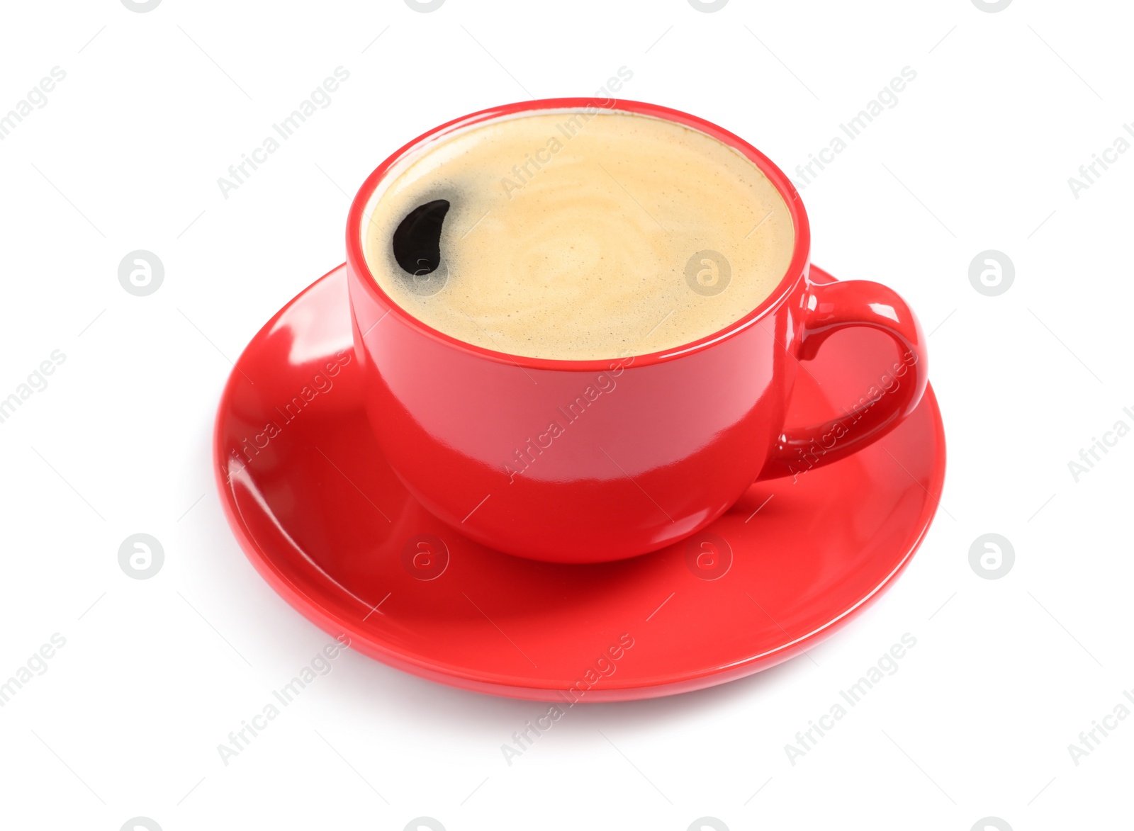 Photo of Aromatic coffee in red cup on white background