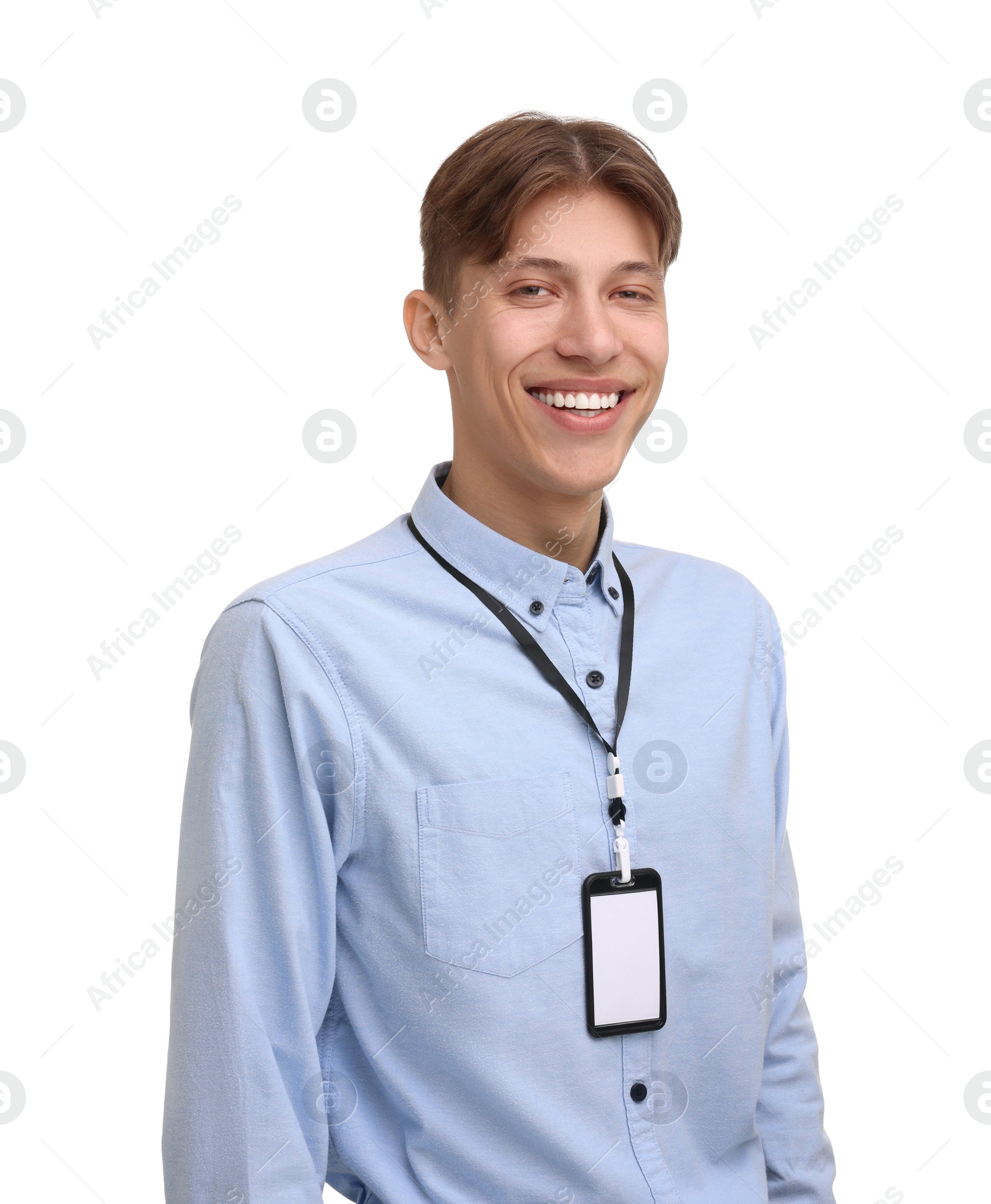 Photo of Happy man with blank badge on white background