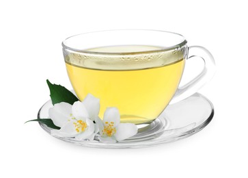 Photo of Cup of tea and fresh jasmine flowers isolated on white