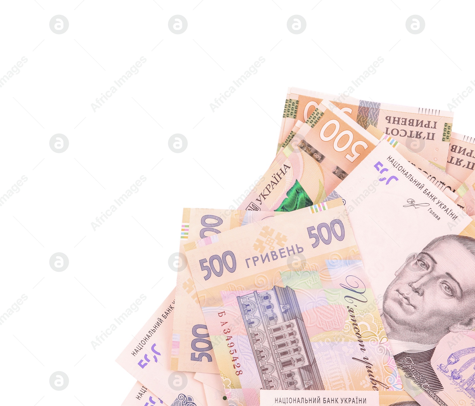 Photo of 500 Ukrainian Hryvnia banknotes on white background, top view