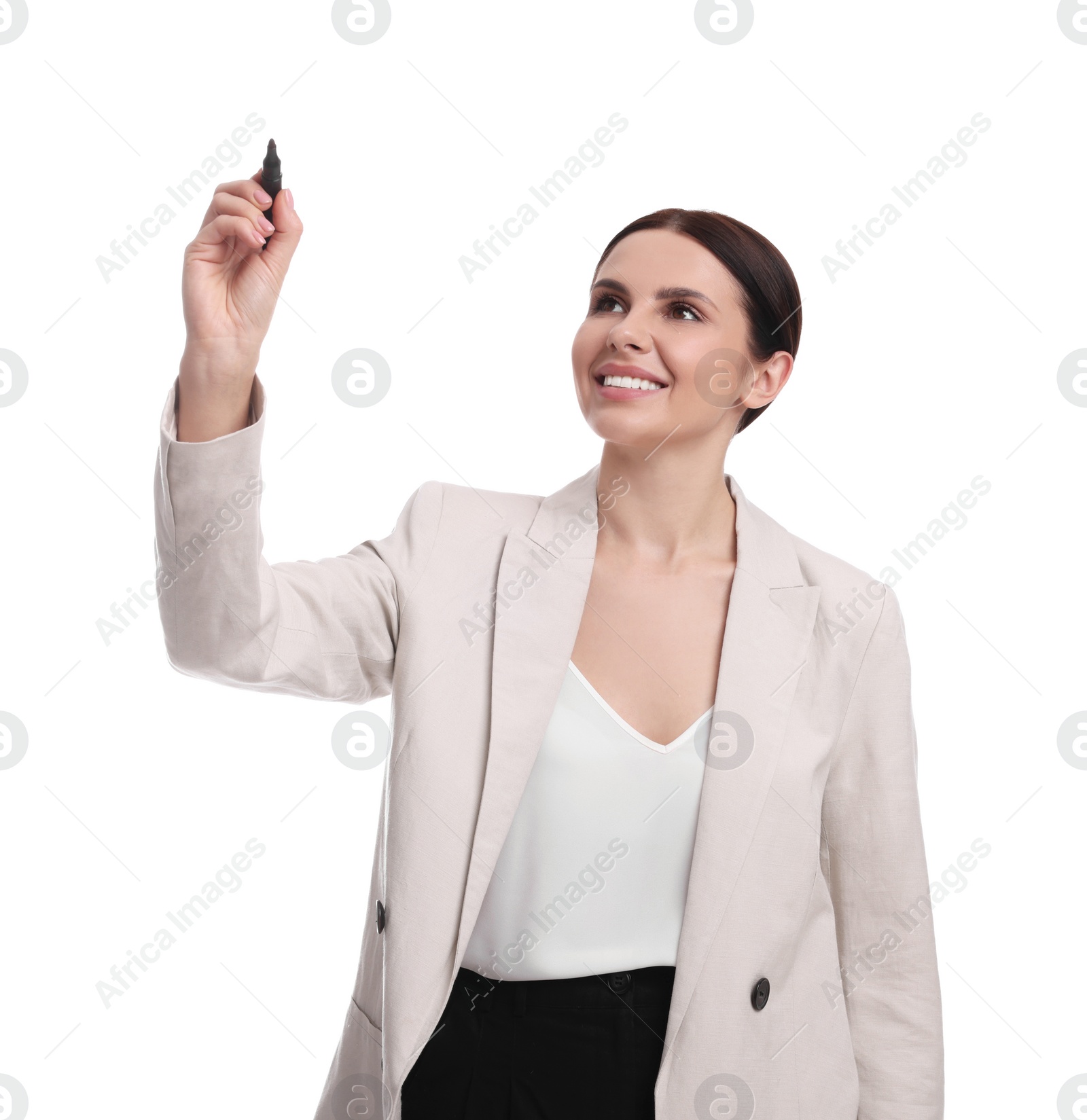 Photo of Beautiful businesswoman in suit with marker on white background