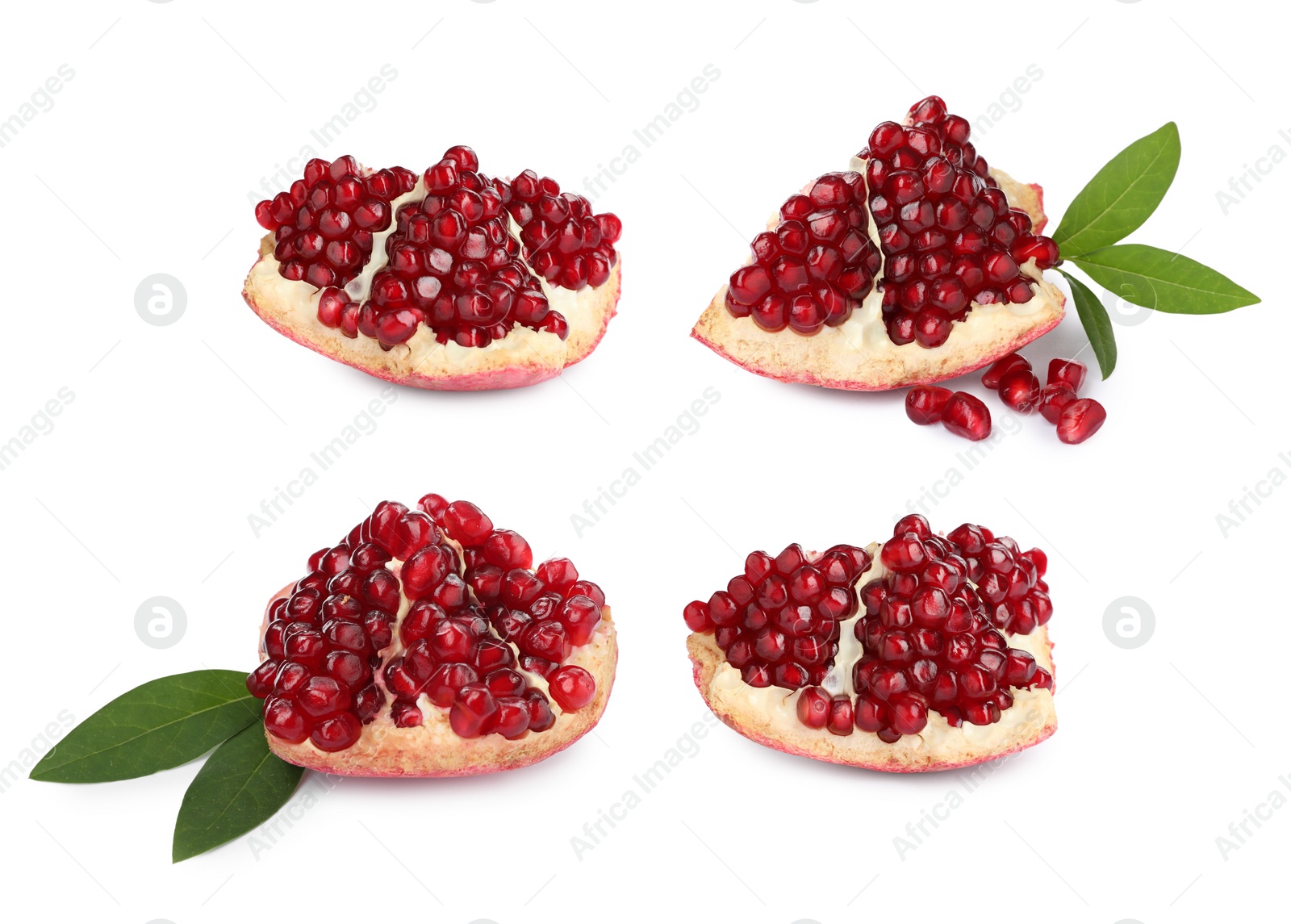 Image of Set with pieces of tasty ripe pomegranates on white background 