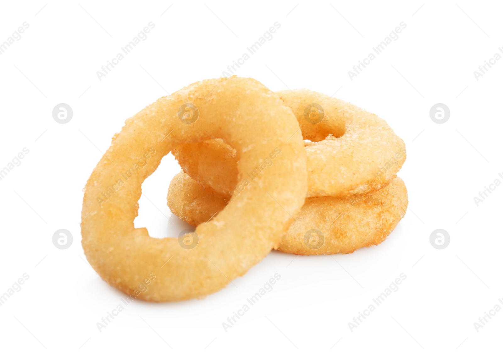 Photo of Freshly cooked onion rings on white background