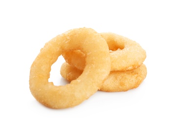 Freshly cooked onion rings on white background