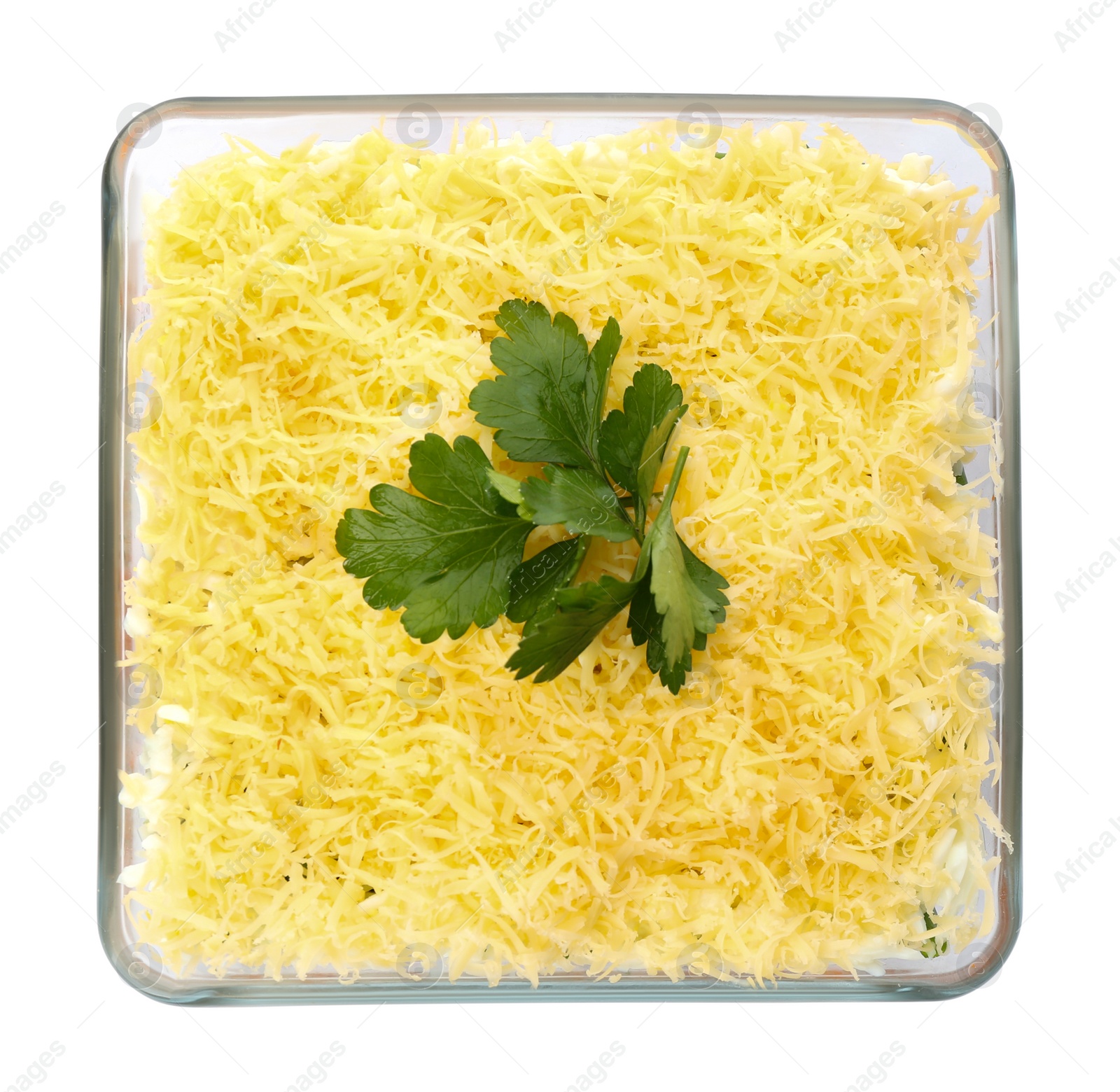 Photo of Traditional russian salad Mimosa on white background, top view