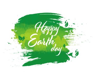 Happy Earth day card with illustration of continents and leaves in green brushstroke on white background