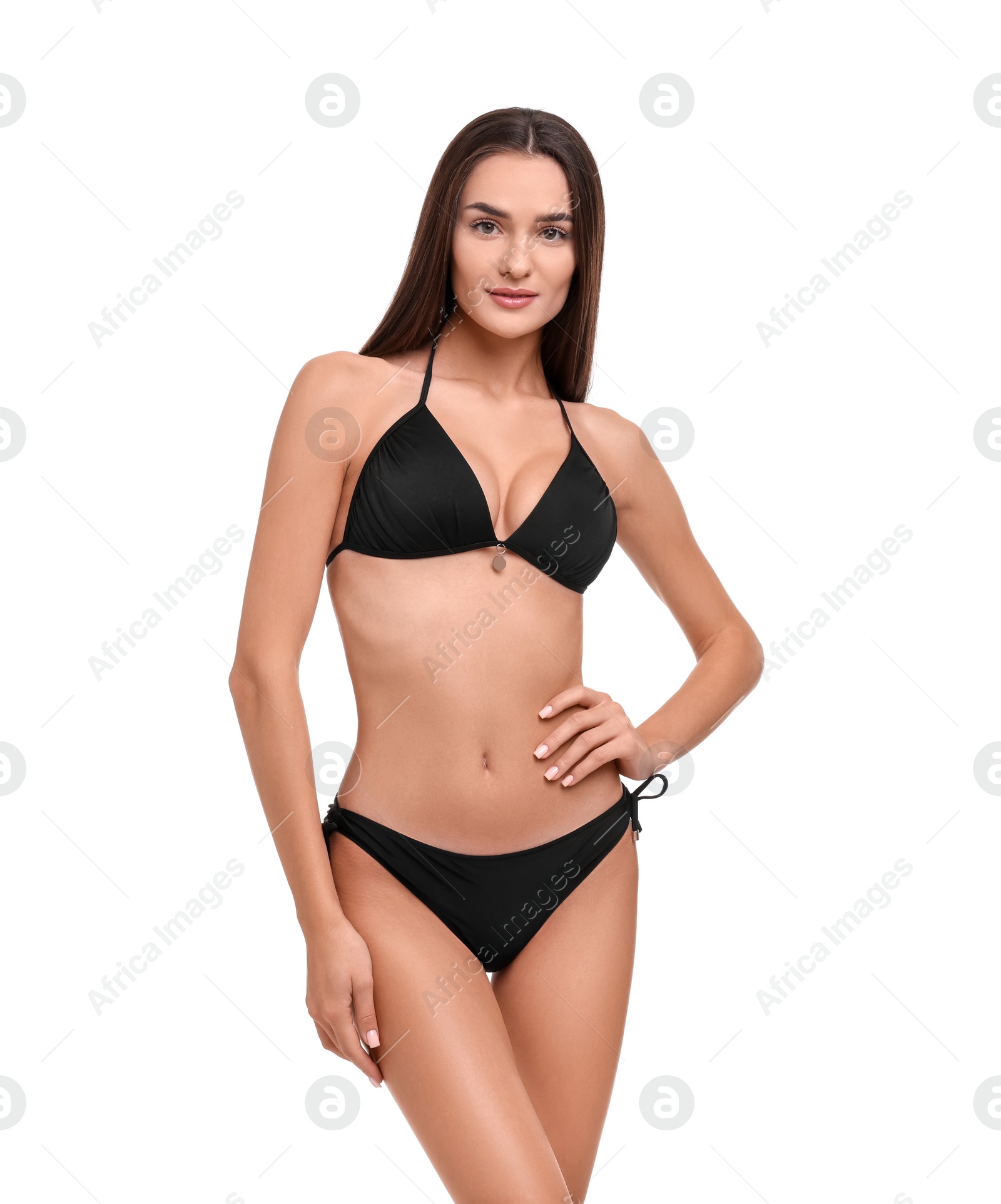 Photo of Young woman in stylish bikini isolated on white