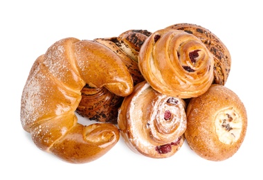 Photo of Different delicious fresh pastries on white background, top view