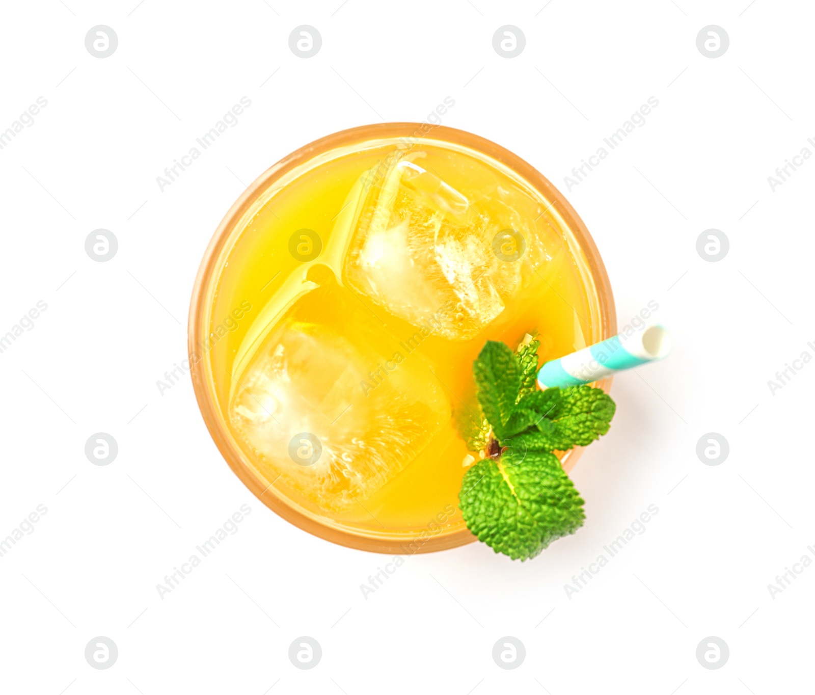 Photo of Fresh mango drink with straw and ice cubes isolated on white, top view