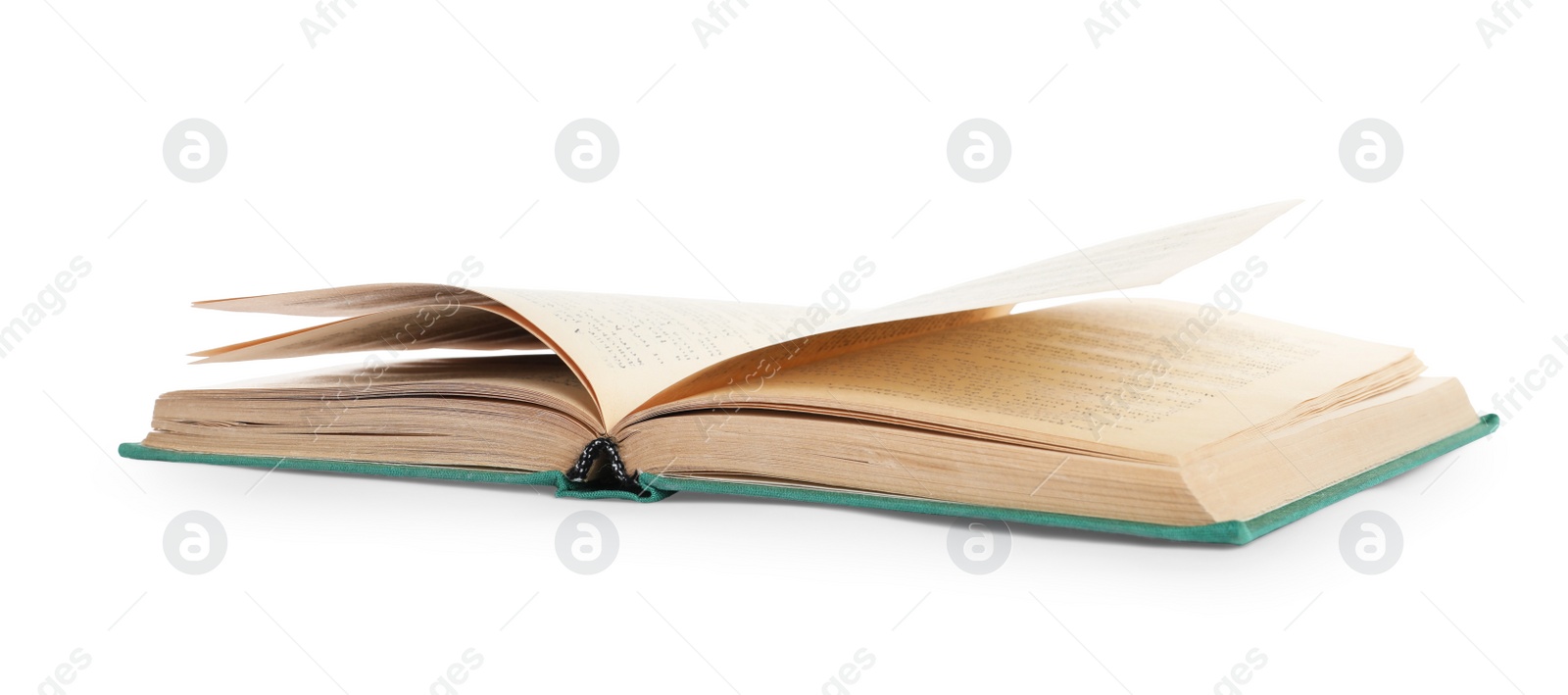 Photo of Old open hardcover book isolated on white