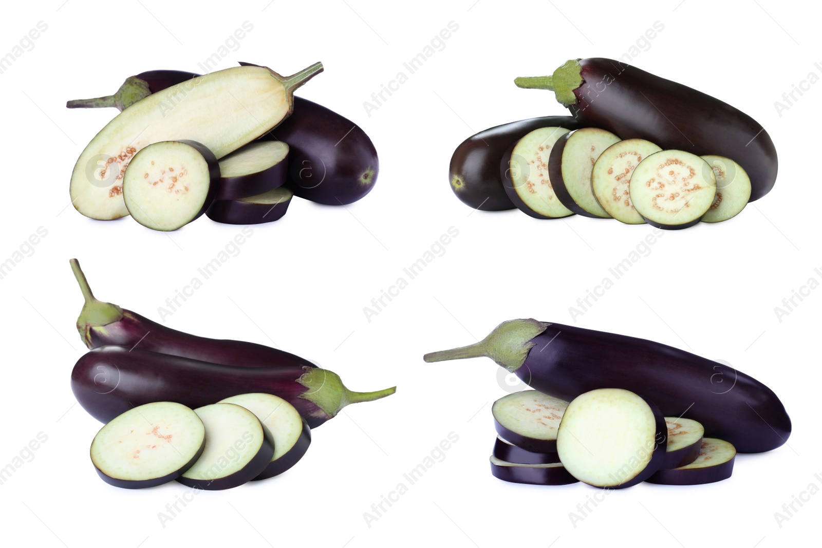 Image of Set of cut and whole fresh eggplants on white background