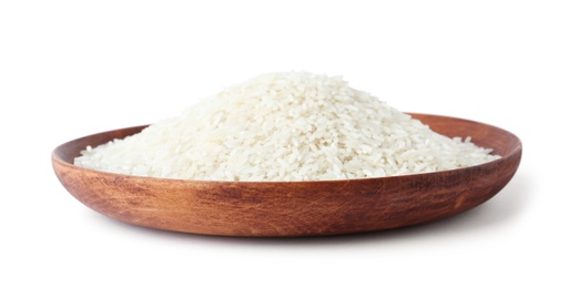 Plate with uncooked rice on white background