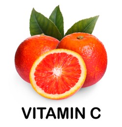 Image of Source of Vitamin C. Delicious ripe red oranges on white background