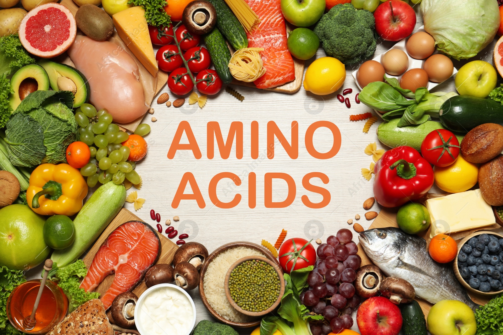 Image of Different natural food on white wooden table, flat lay. Sources of essential amino acids