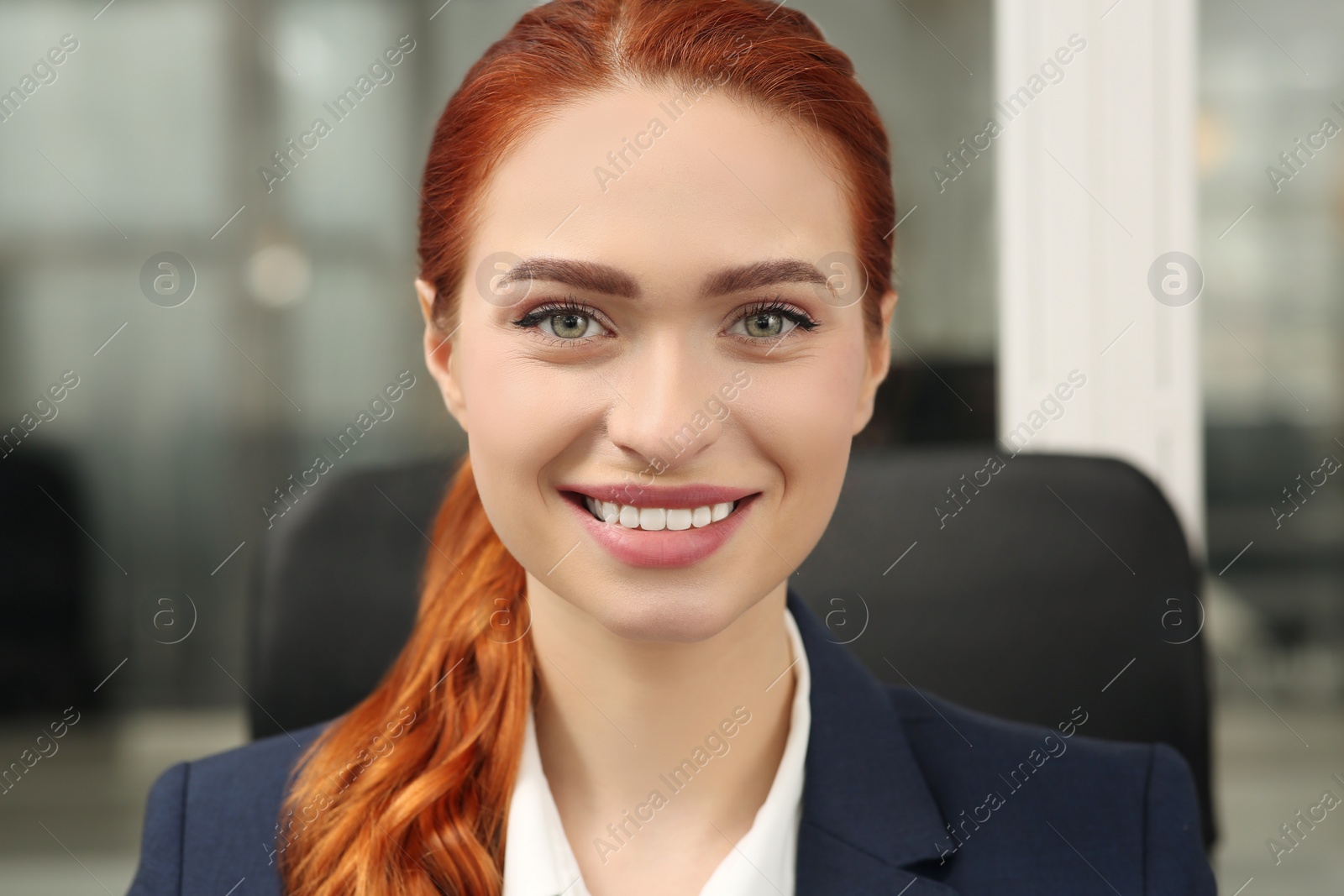 Photo of Happy woman having video call in office, view from web camera