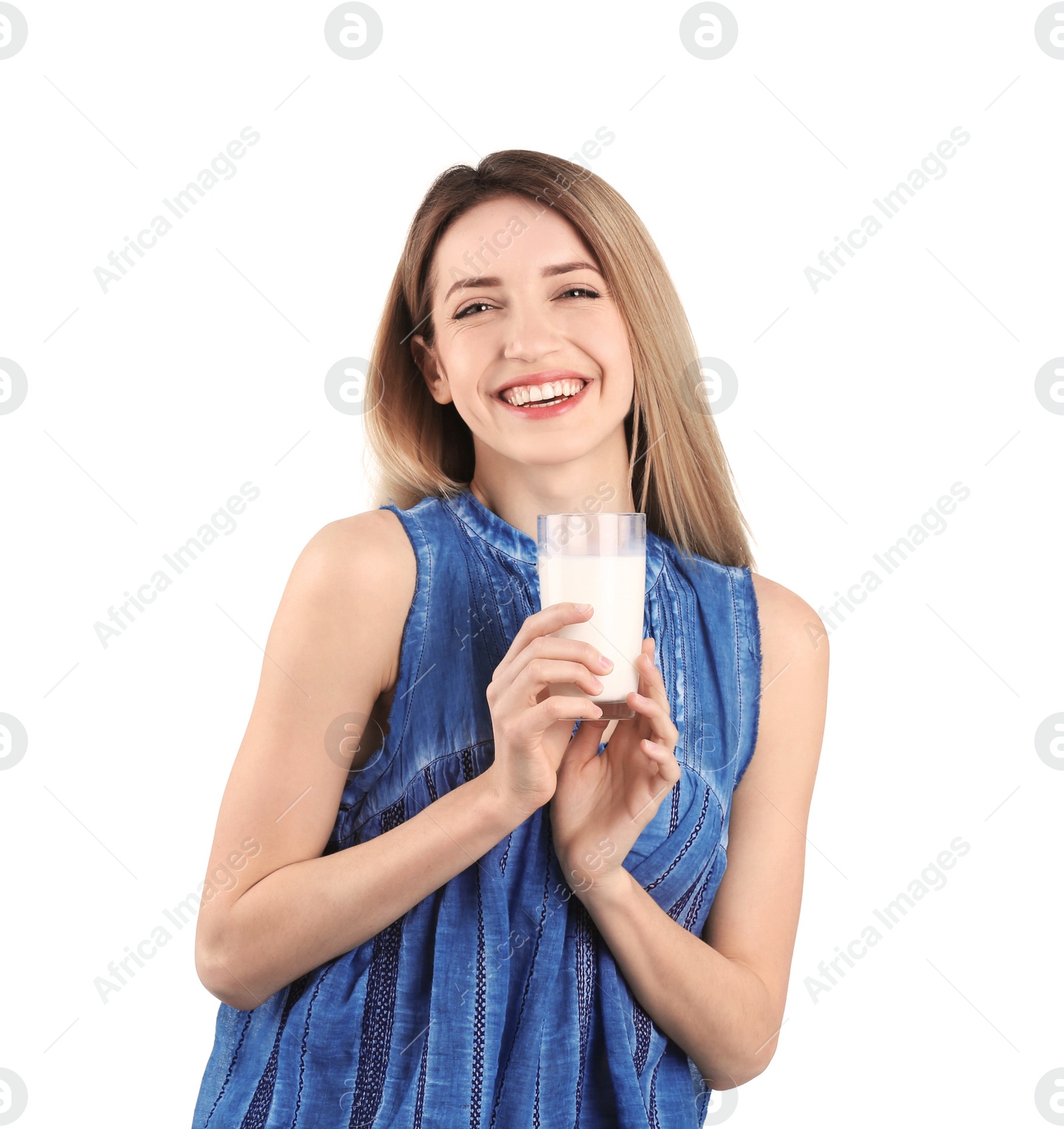 Photo of Beautiful young woman drinking milk on white background