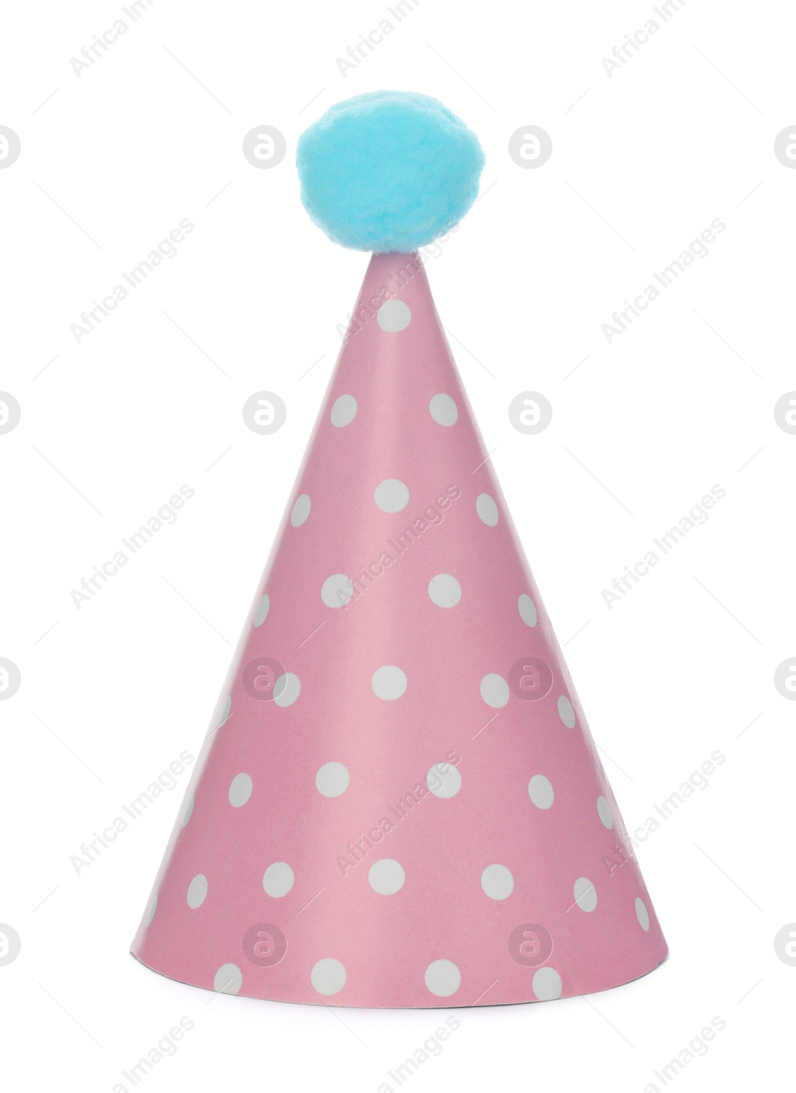 Photo of Bright party hat with fluffy pompon isolated on white. Festive accessory