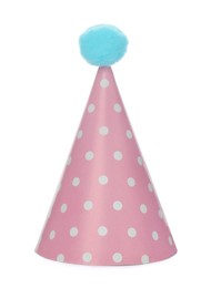 Bright party hat with fluffy pompon isolated on white. Festive accessory