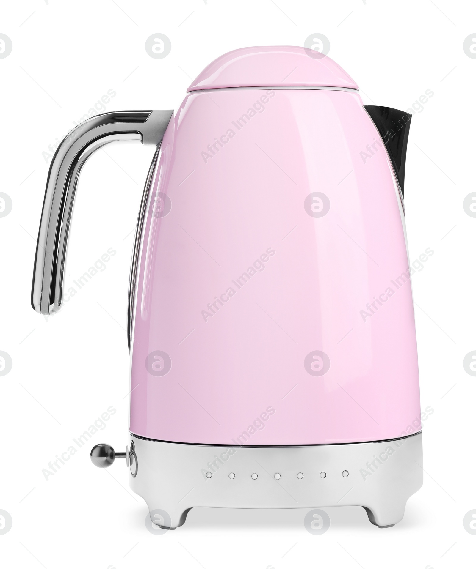 Photo of Modern pink electric kettle with base isolated on white