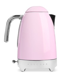 Photo of Modern pink electric kettle with base isolated on white