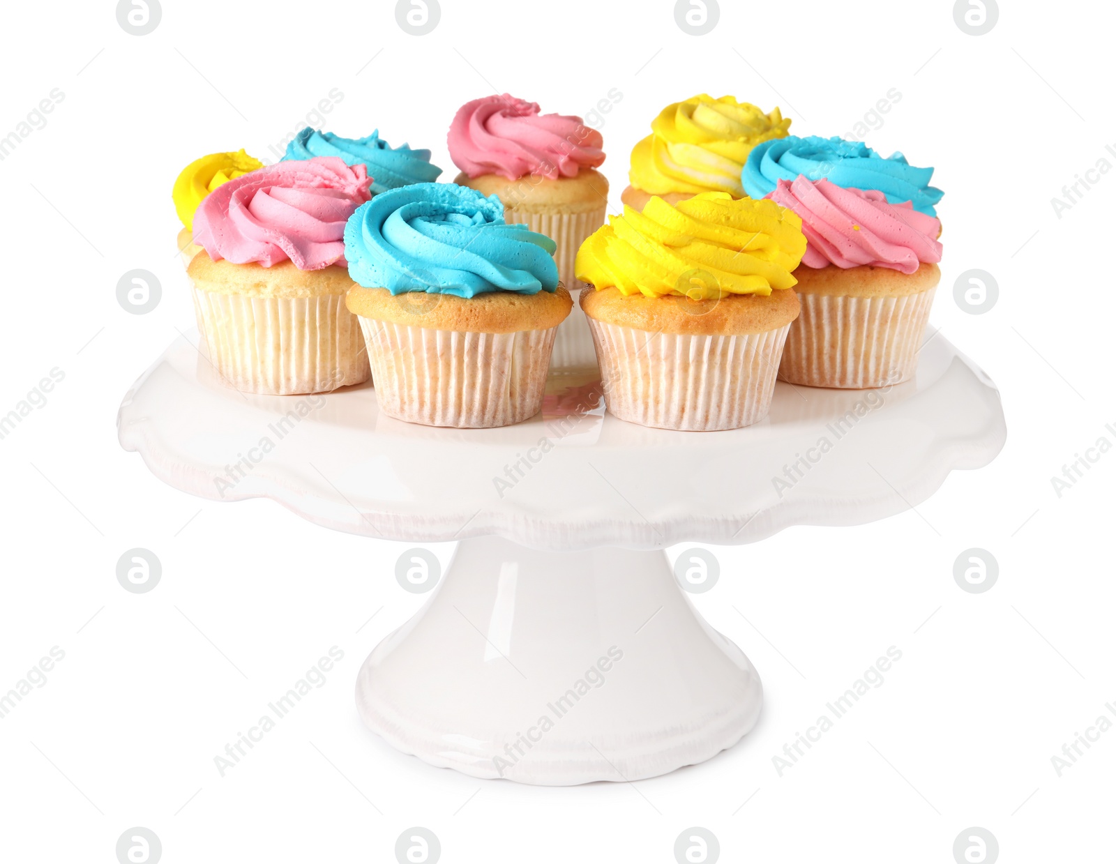 Photo of Delicious cupcakes with bright cream isolated on white