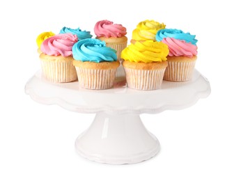 Photo of Delicious cupcakes with bright cream isolated on white