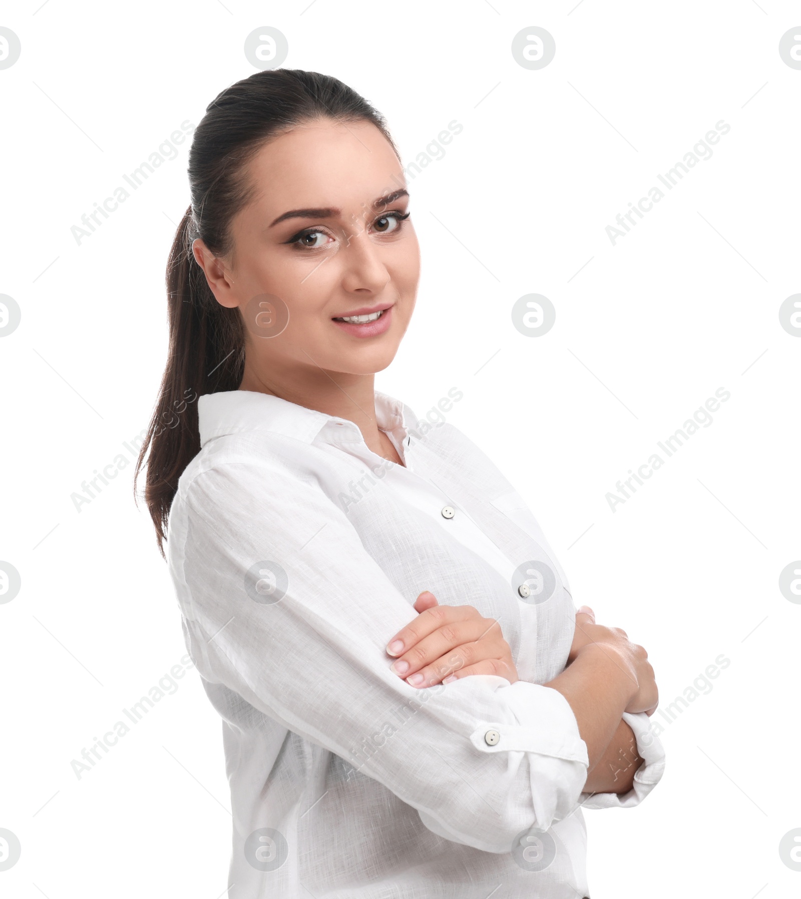 Photo of Beautiful young woman in casual outfit on white background