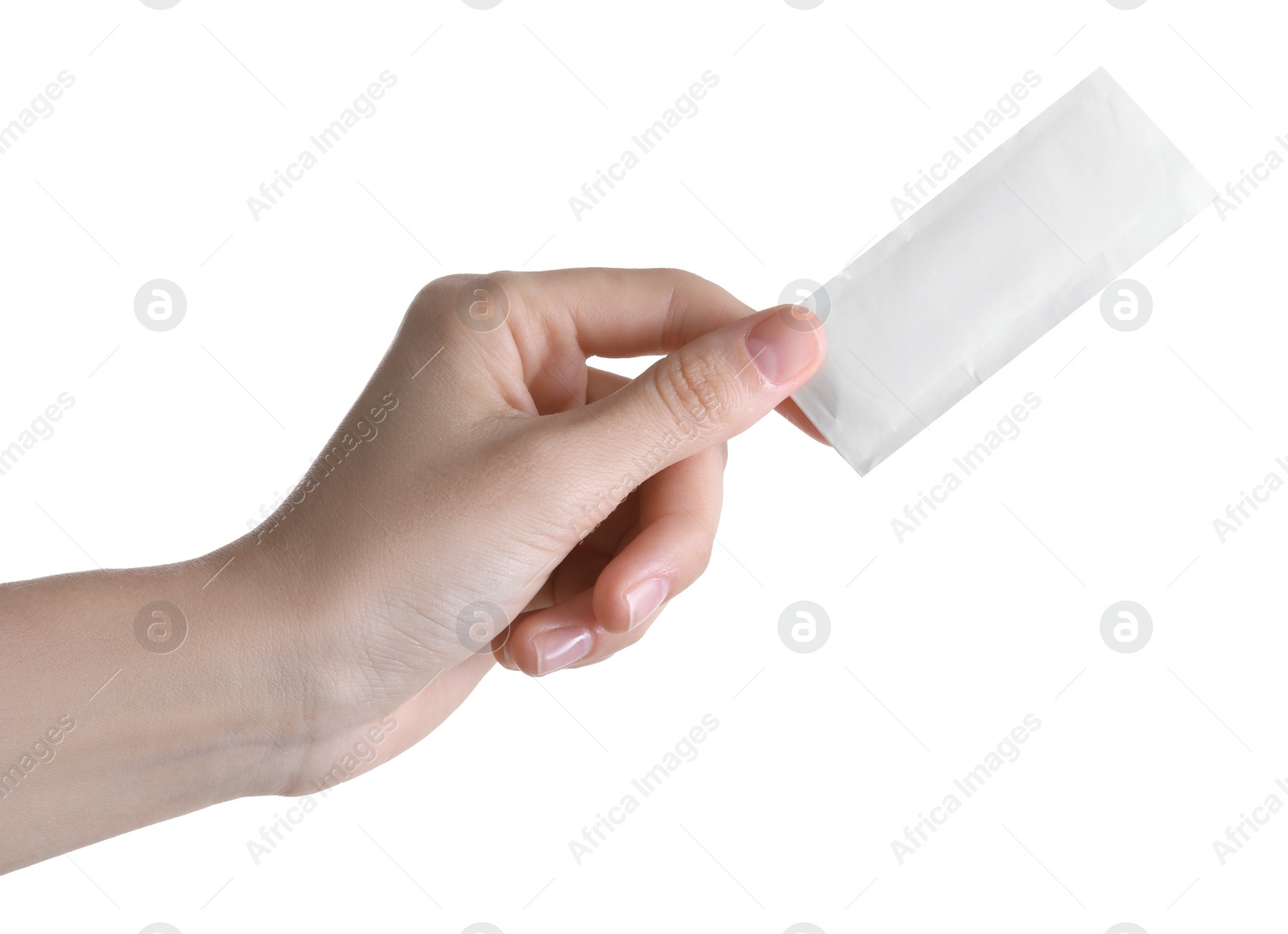 Photo of Woman holding medical adhesive bandage isolated on white, closeup