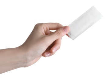 Photo of Woman holding medical adhesive bandage isolated on white, closeup