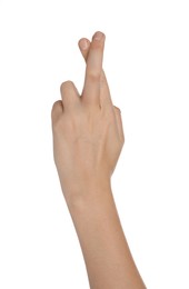 Photo of Woman with crossed fingers on white background, closeup of hand