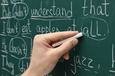 Photo of English teacher writing with chalk on green chalkboard, closeup