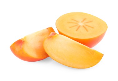 Photo of Pieces of fresh persimmon fruit isolated on white