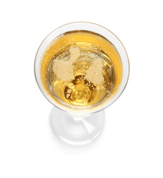 Photo of Glass of champagne on white background. Festive drink