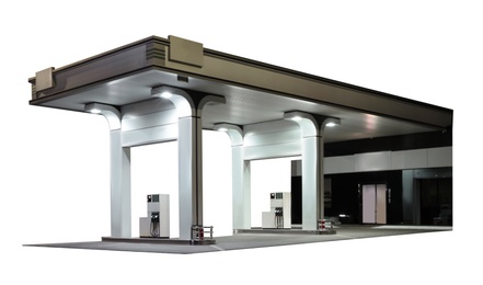 Modern gas station on white background, exterior