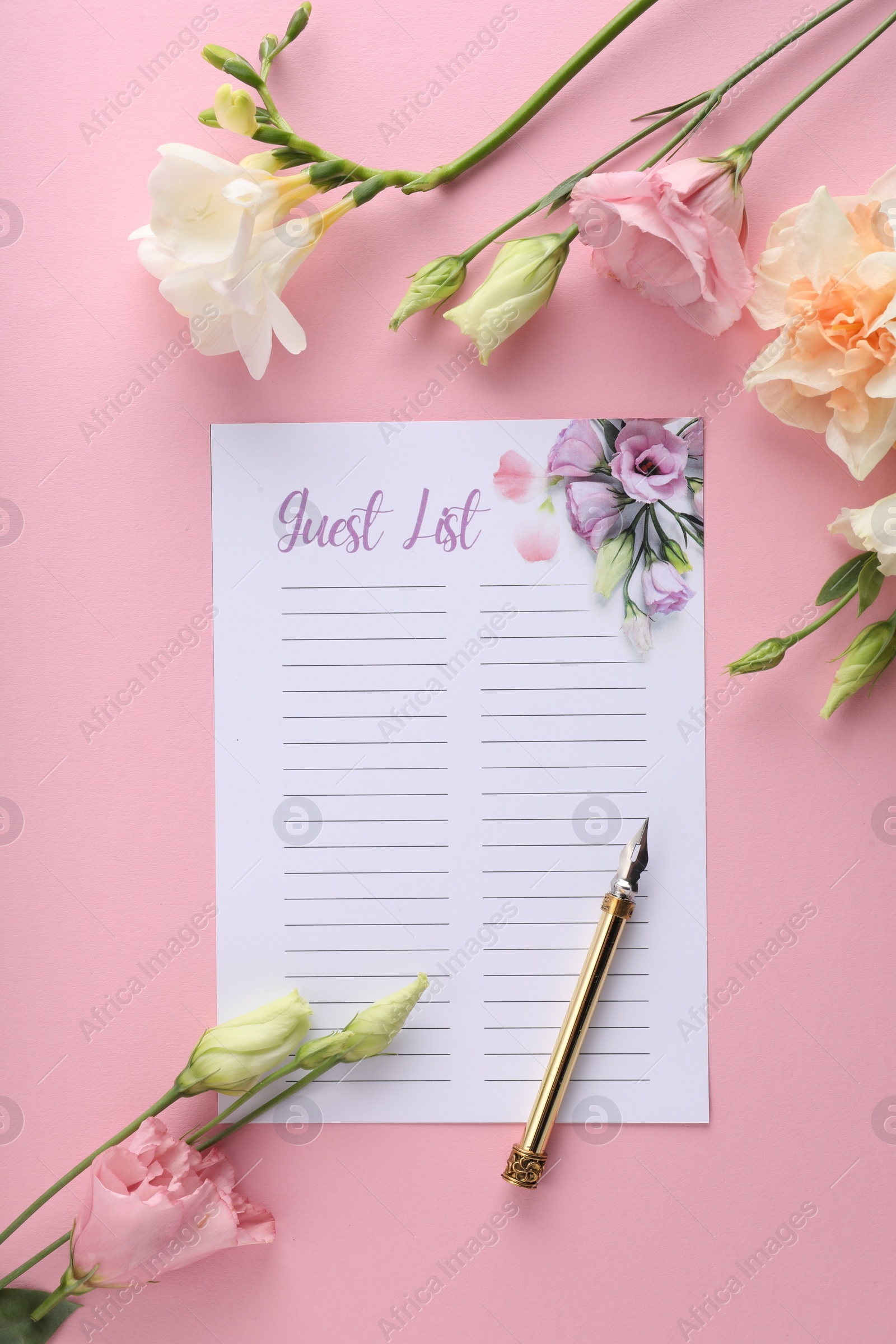 Photo of Guest list, pen and beautiful flowers on pink background, flat lay. Space for text