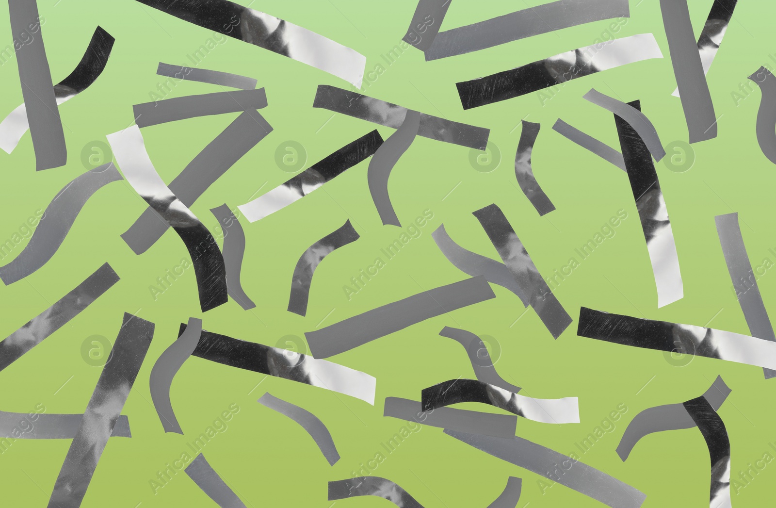 Image of Shiny silver confetti falling on green background