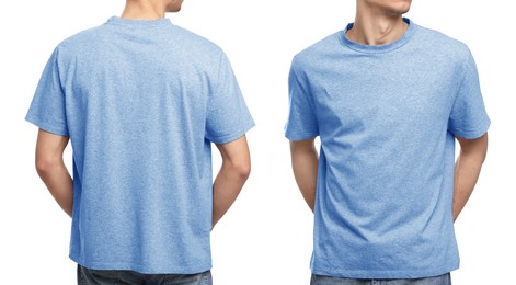 Image of Collage with photos of man in light blue t-shirt on white background, closeup. Back and front views for mockup design