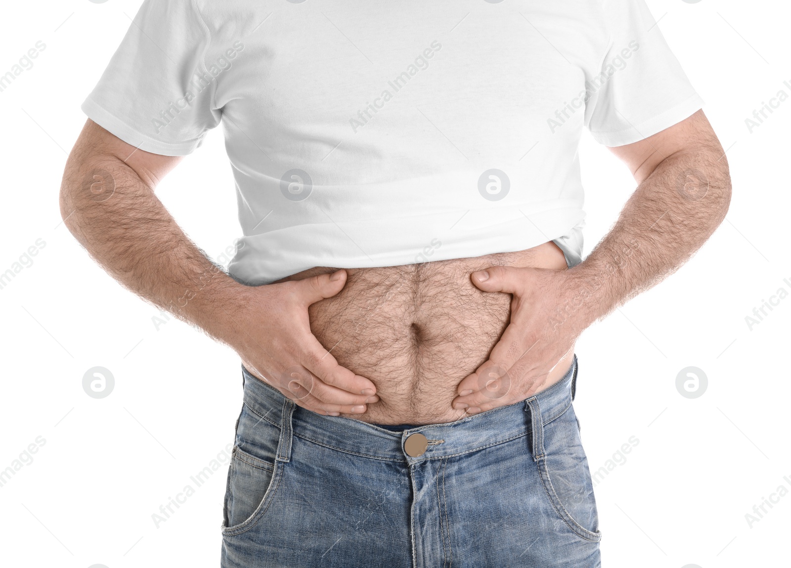 Photo of Overweight man with large belly isolated on white, closeup