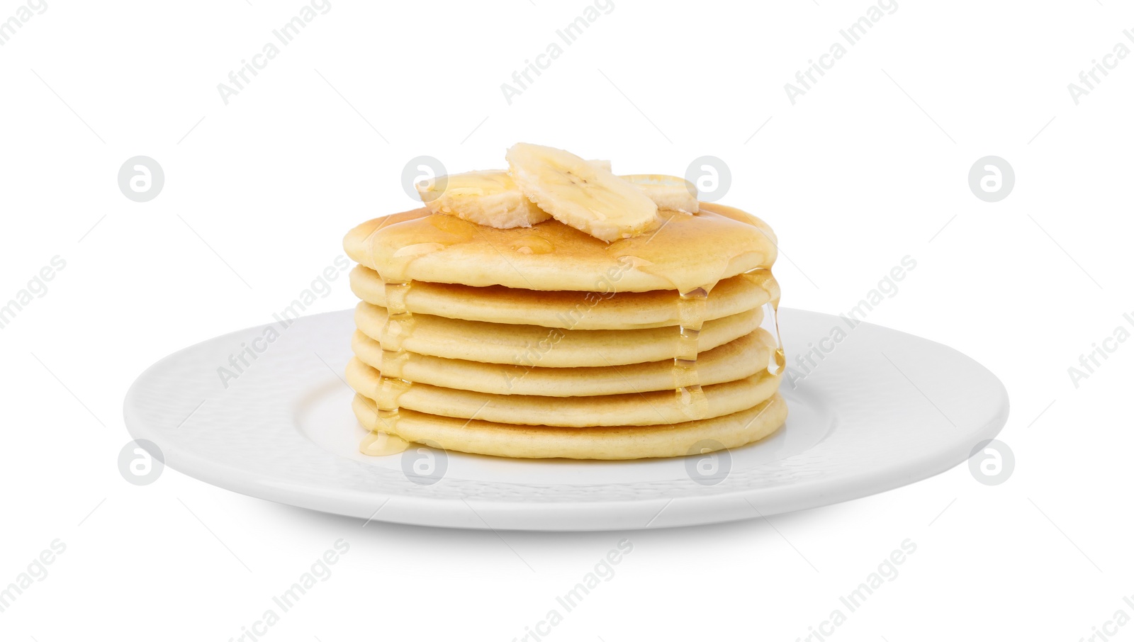 Photo of Delicious pancakes with banana slices and honey isolated on white