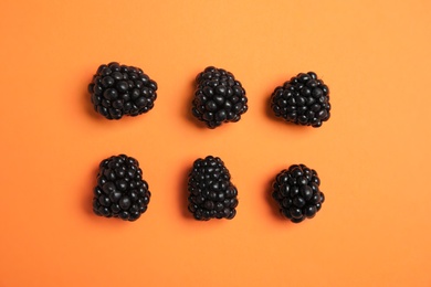 Flat lay composition with ripe blackberries on color background