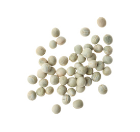 Photo of Pile of raw dry peas on white background, top view. Vegetable seeds