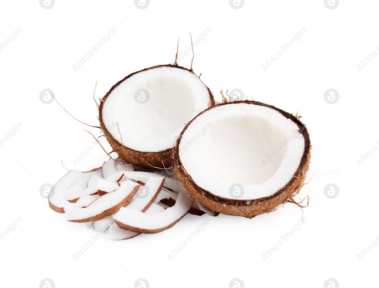 Photo of Pieces of fresh coconut isolated on white