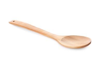 Photo of One empty wooden spoon isolated on white