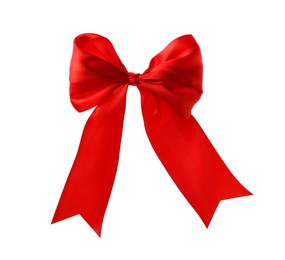 Photo of Red ribbon bow isolated on white. Festive decoration