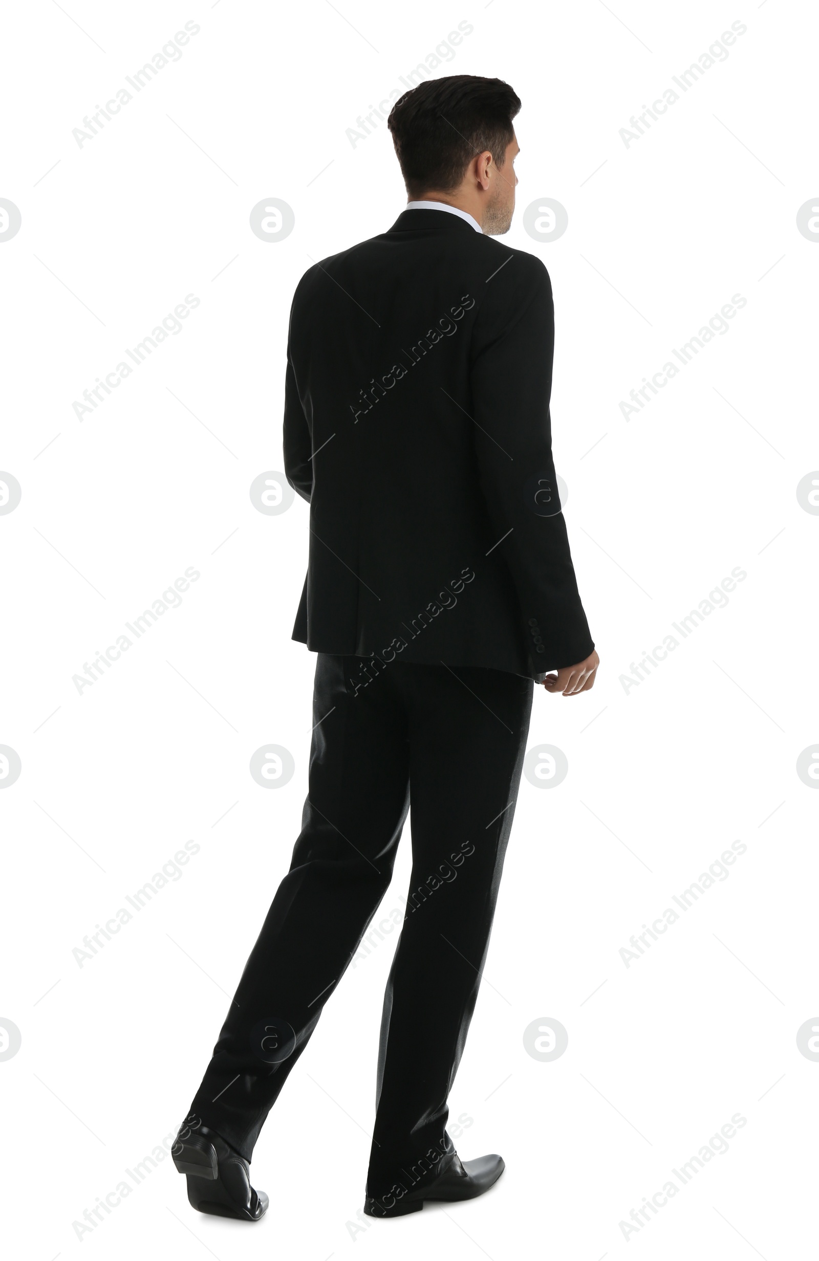 Photo of Businessman in formal suit on white background, back view