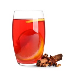 Glass of aromatic punch drink and ingredients on white background