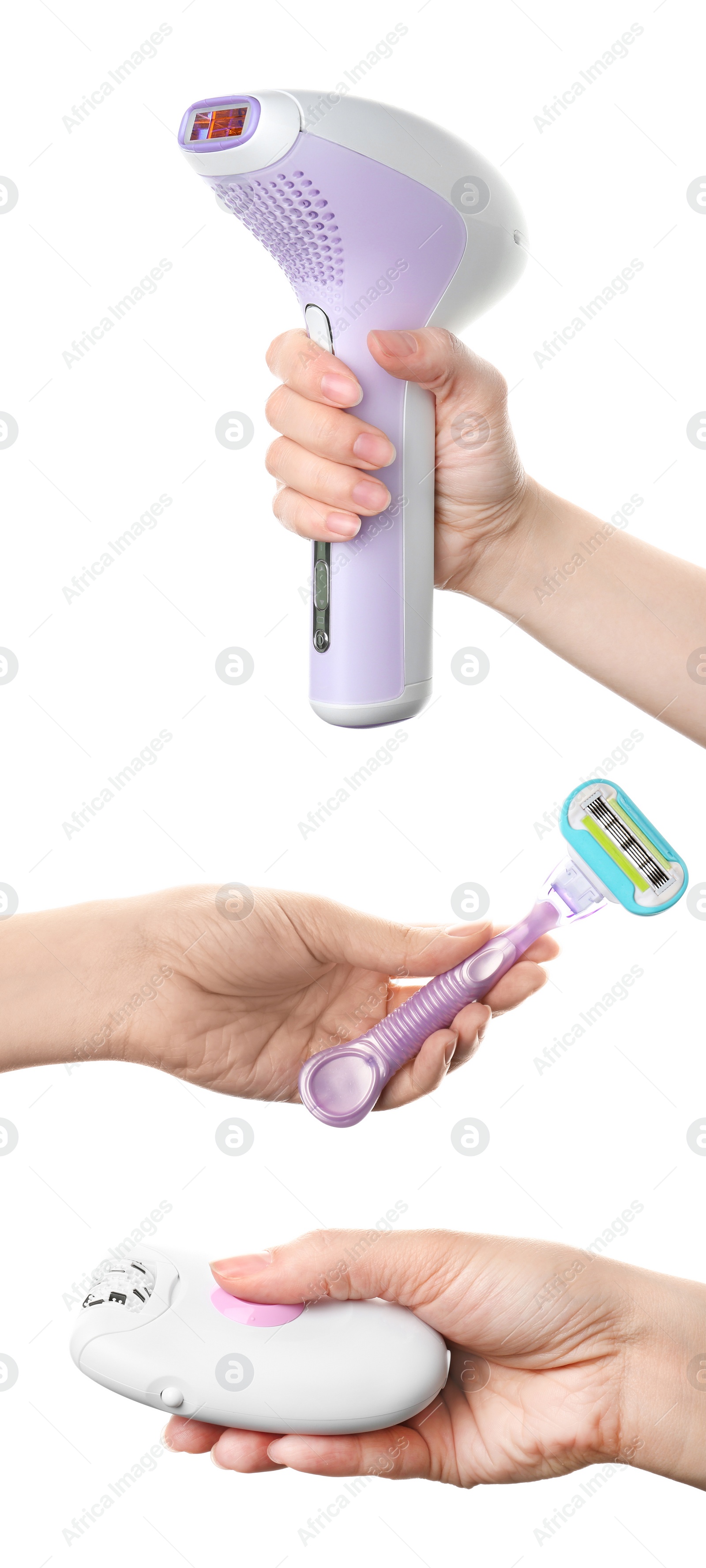 Image of Collage of women holding different devices for epilation on white background, closeup