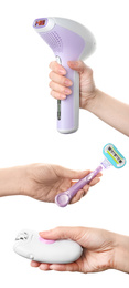 Collage of women holding different devices for epilation on white background, closeup